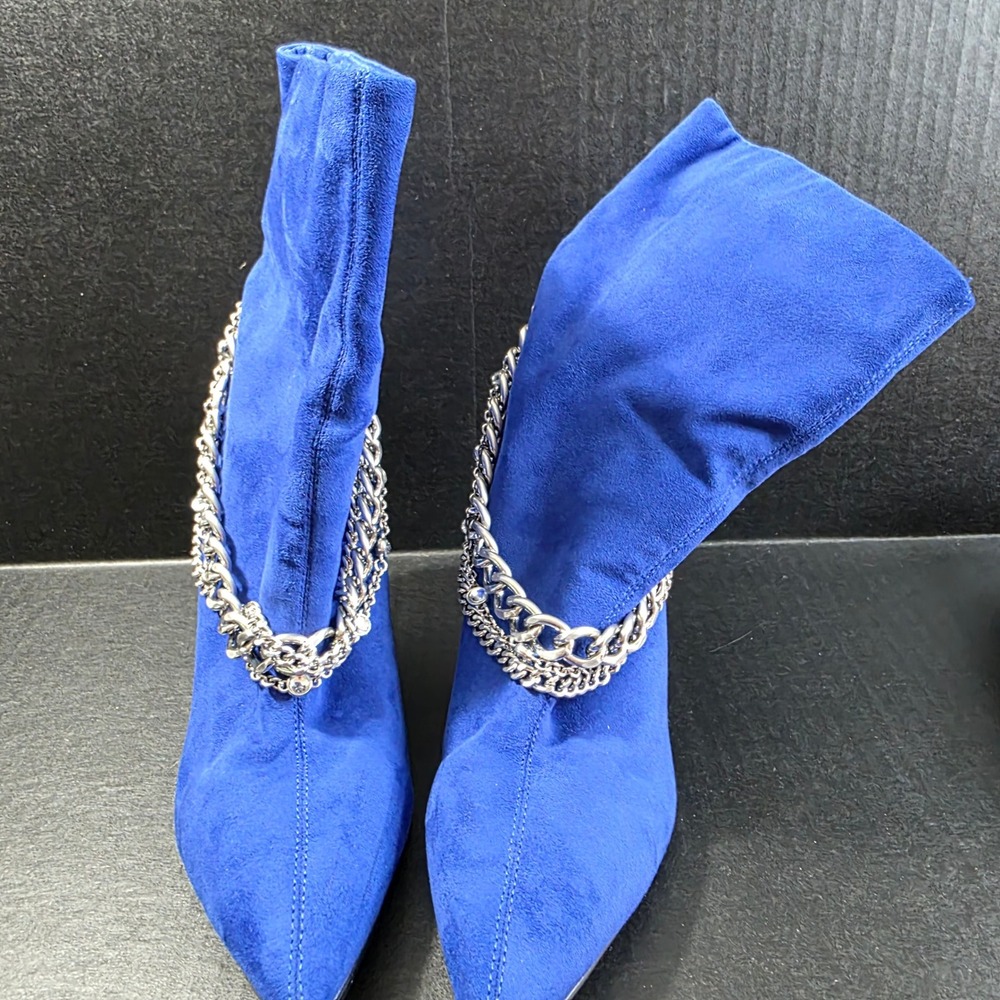 Guess Royal Blue Faux Suede Chain Link Stiletto Ankle Boots Size 9M - Picture 3 of 8